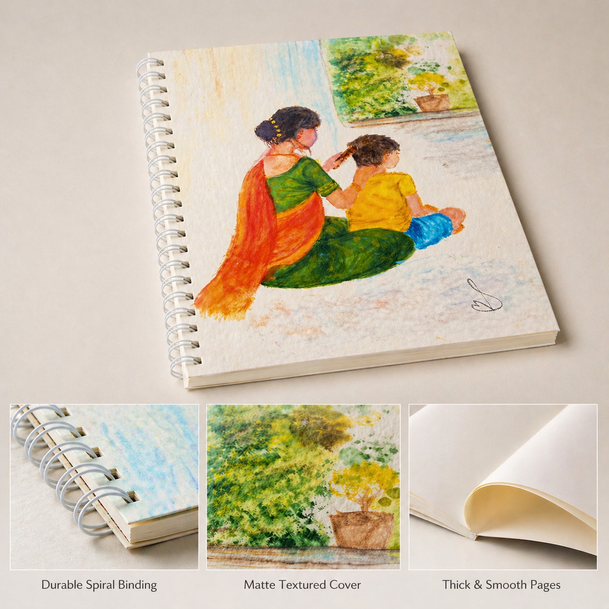 Notebook details — spiral binding, matte cover, smooth pages